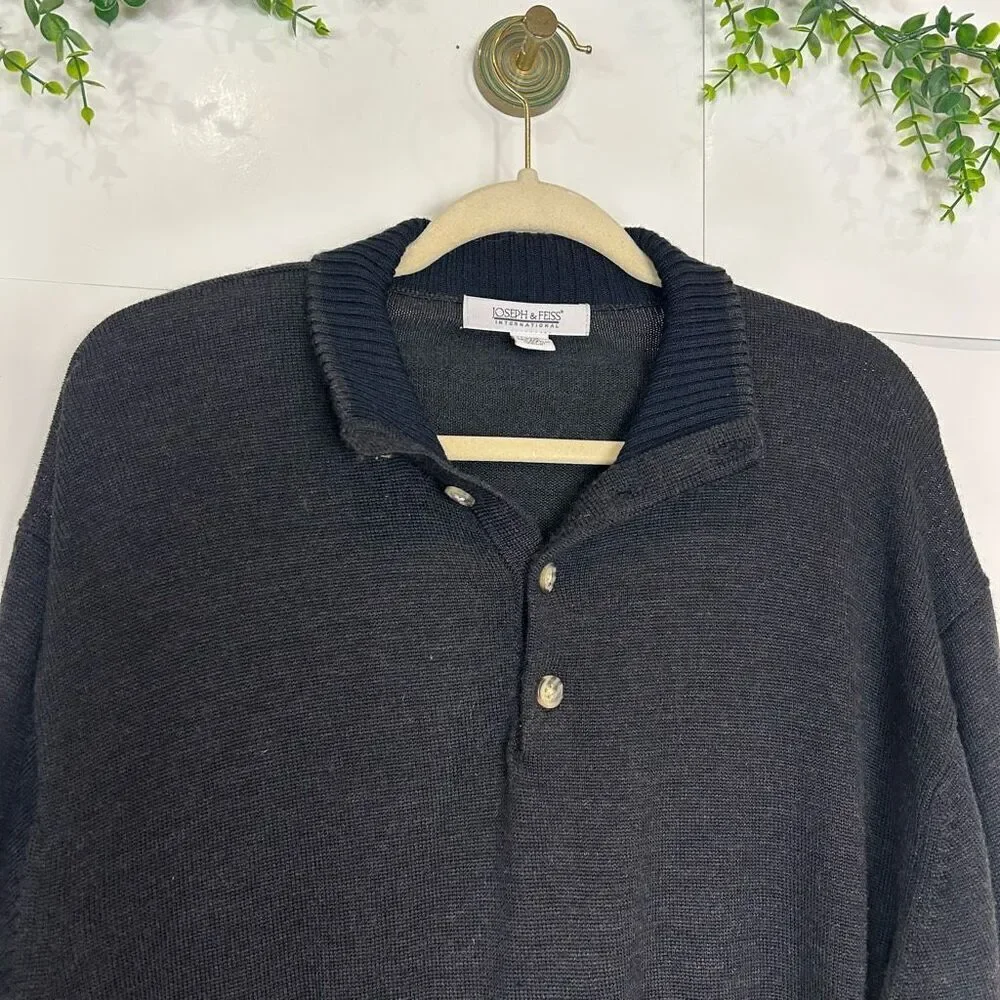 Joseph & Feiss Sweater Men XXL Merino Wool Dark Gray Quarter Button Pullover 2XL